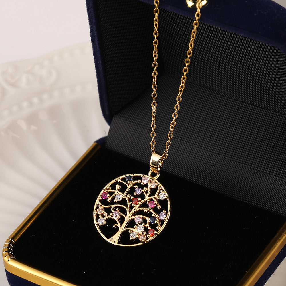 Wholesale Micropaved Zircon Tree of Life Hollow Pendant Necklaces